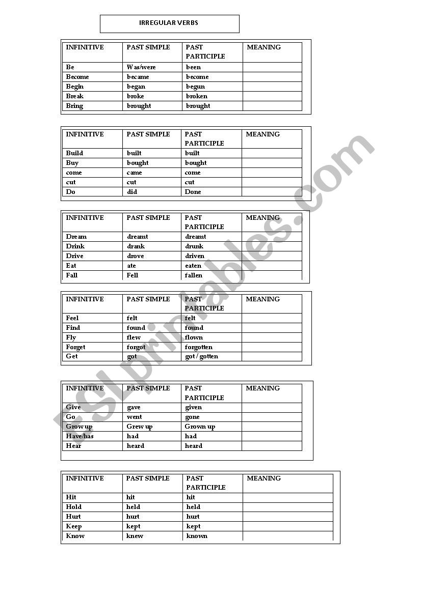 IRREGULAR VERBS worksheet