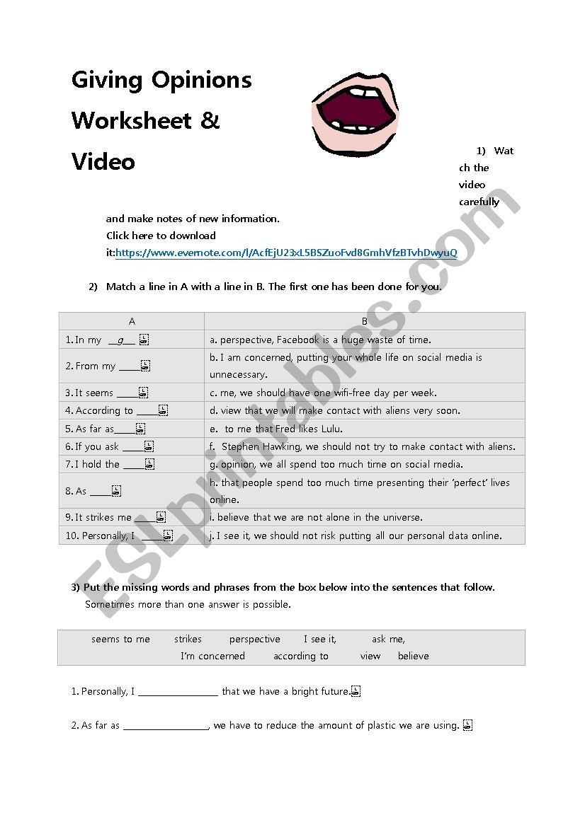 Giving opinions video and worksheet