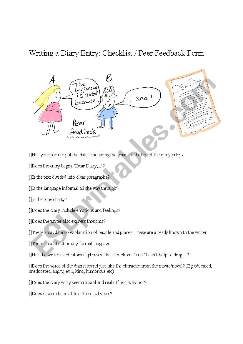 Writing a diary entry - checklist / peer feedback form