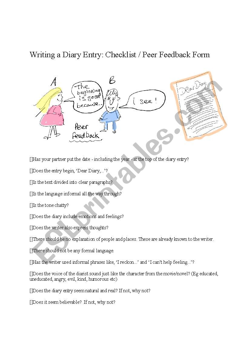 writing a diary entry checklist peer feedback form esl worksheet by chris herring