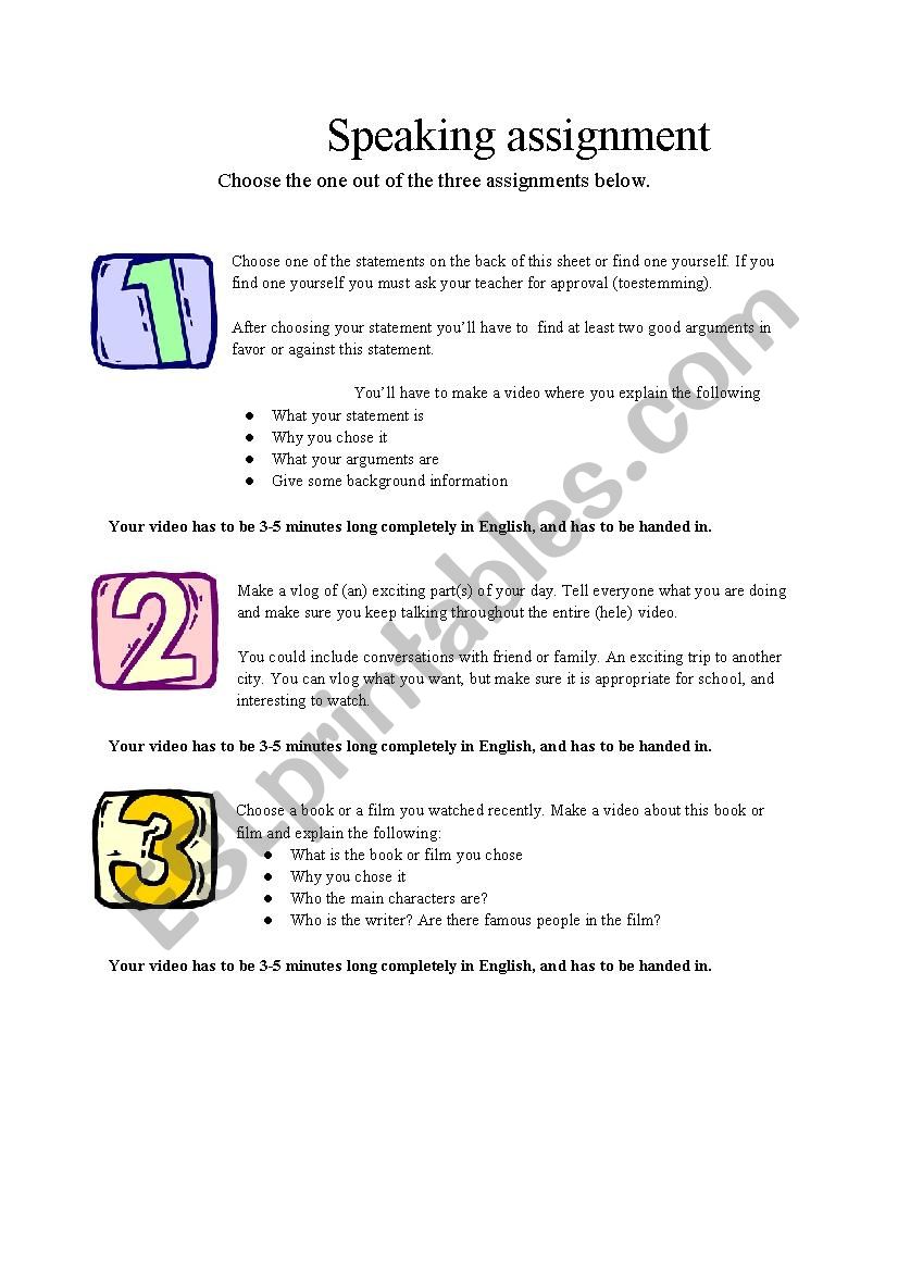 Three speaking assignments worksheet