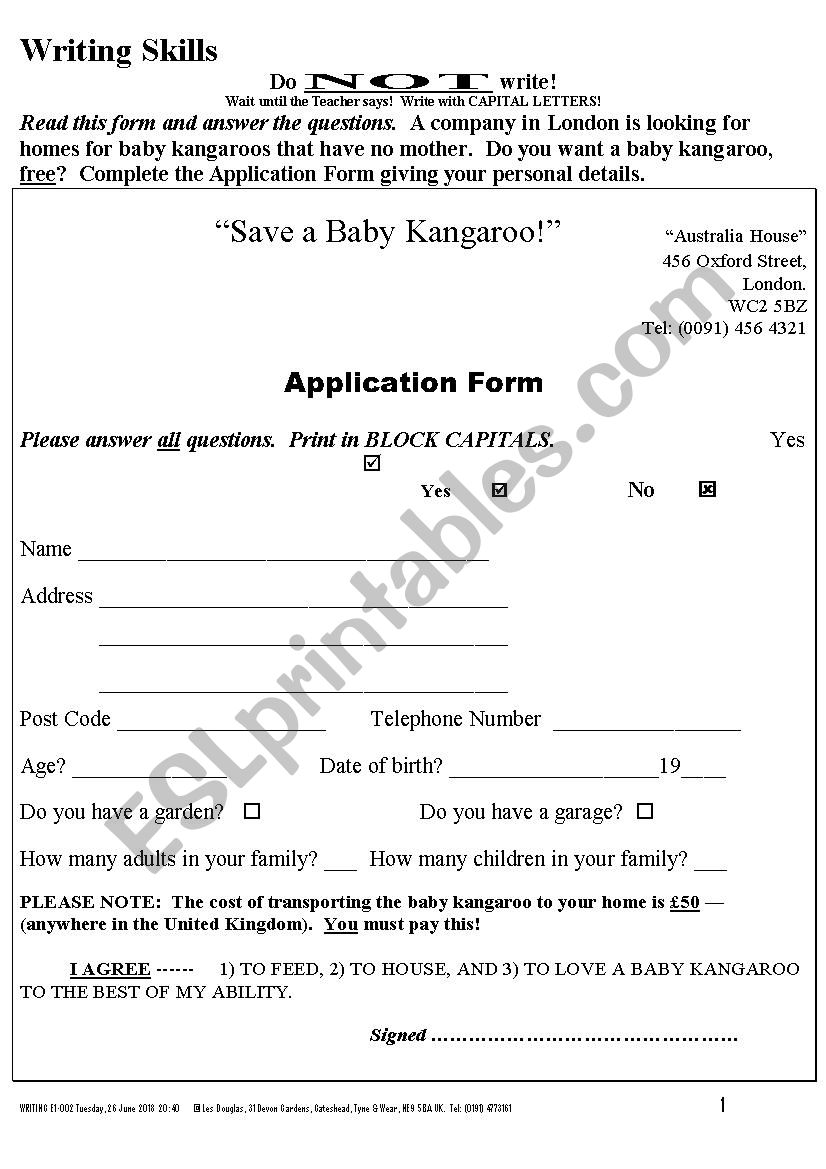 APPLICATION FORM 002 Baby Kangaroo