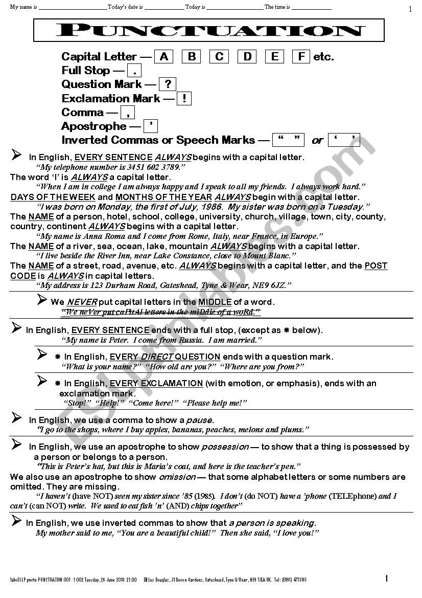 PUNCTUATION 003 Capitals; Full stop; Commas; Question; Etc.