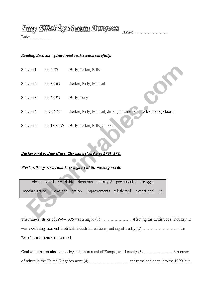 Billy Elliot (the book of the film, by Melvin Burgess) worksheets