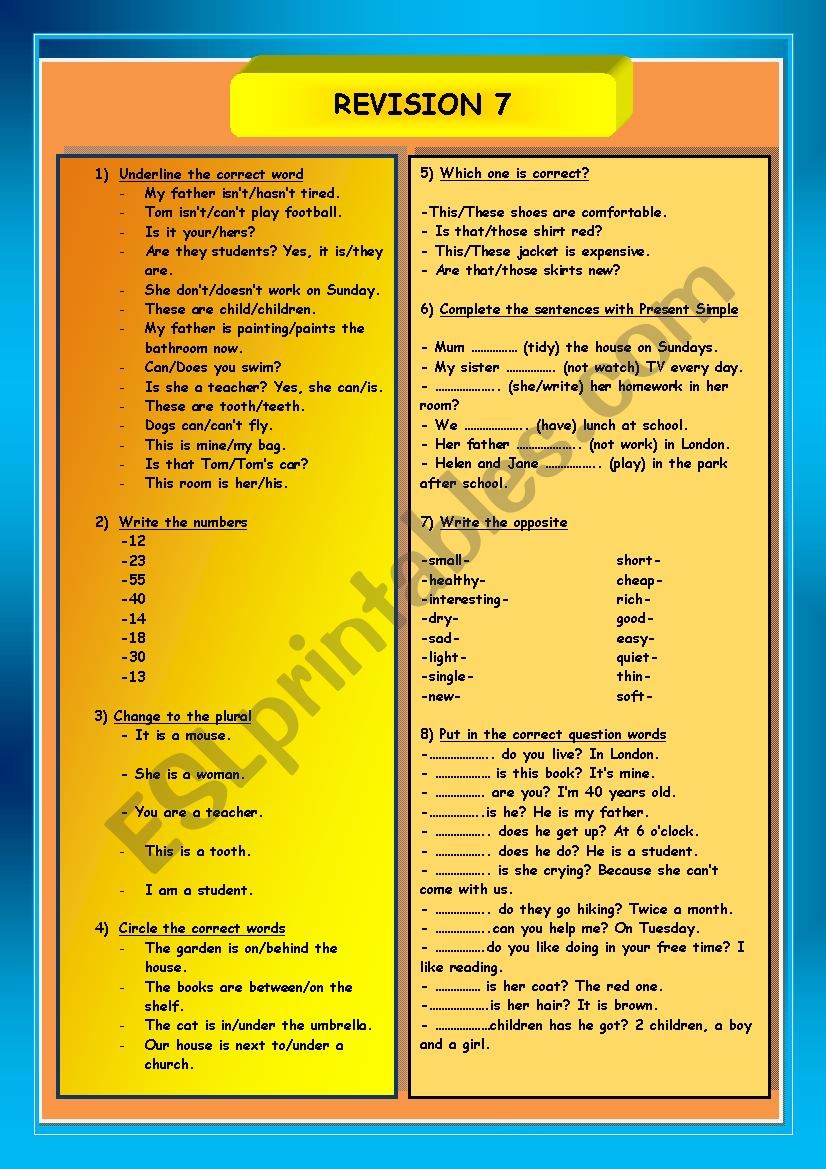 Revision 7  worksheet