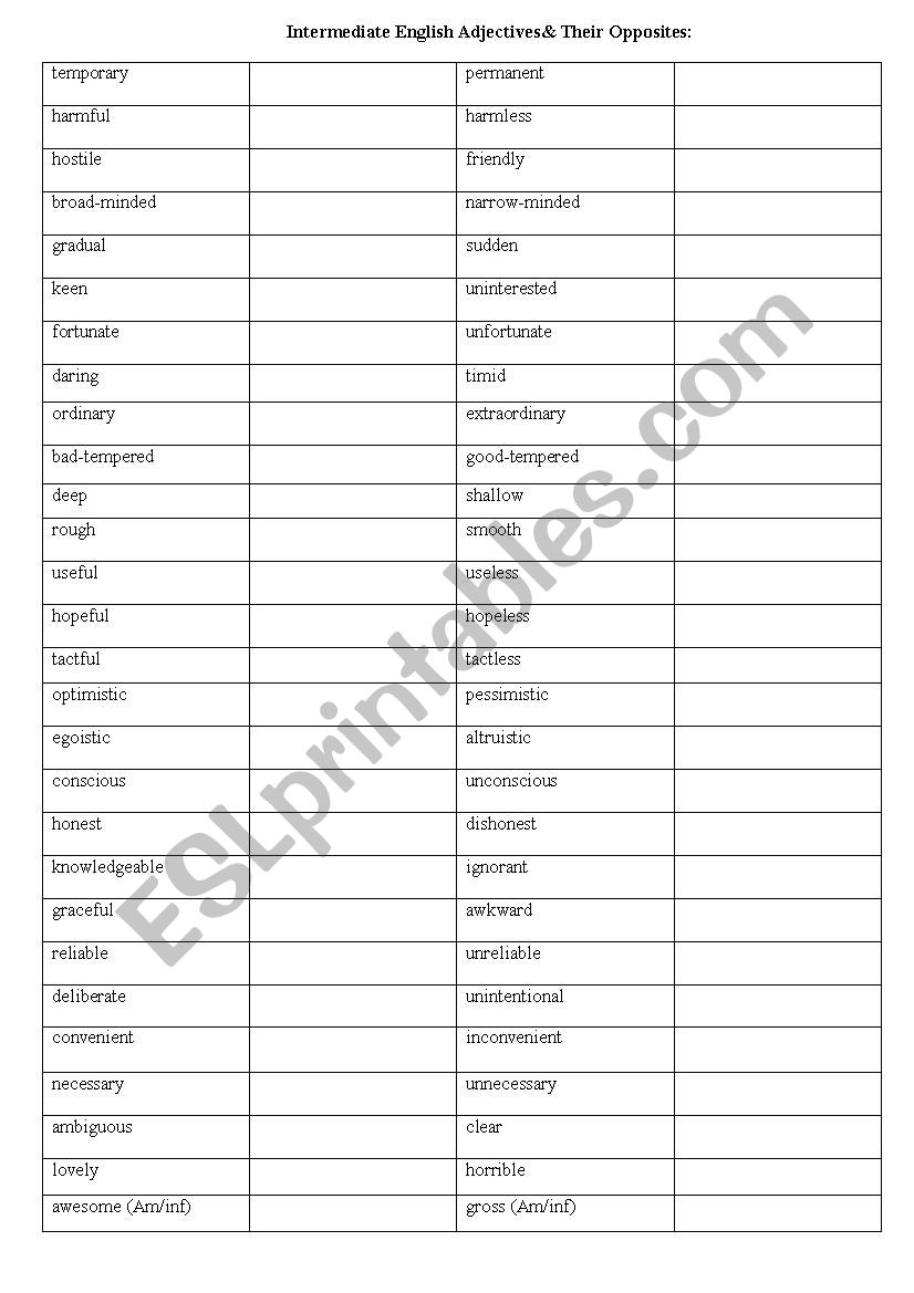 Intermediate English Adjectives & Their Opposites