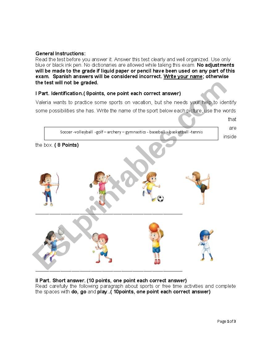 TEST SPORTS EIGHTH GRADE worksheet