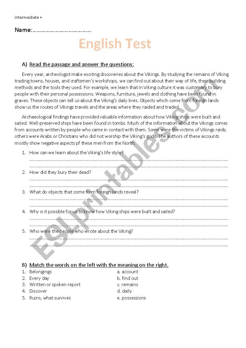 English Test Intermediate worksheet