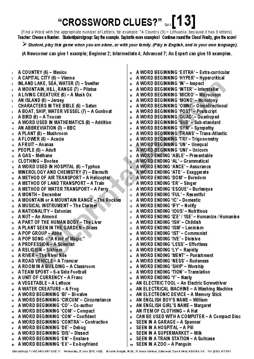 QUIZ GAME 013 Crossword worksheet