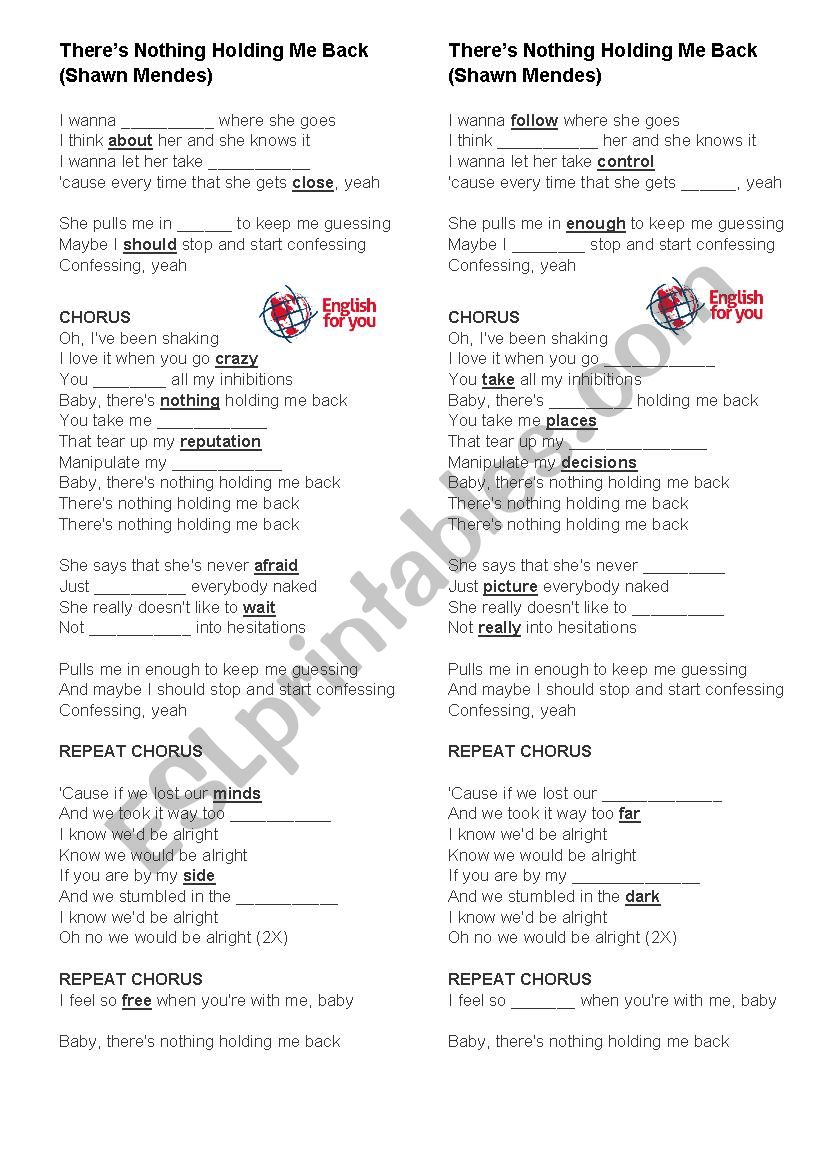 There´s nothing holding me back (Shawn Mendes) - ESL worksheet by LailaCorrea