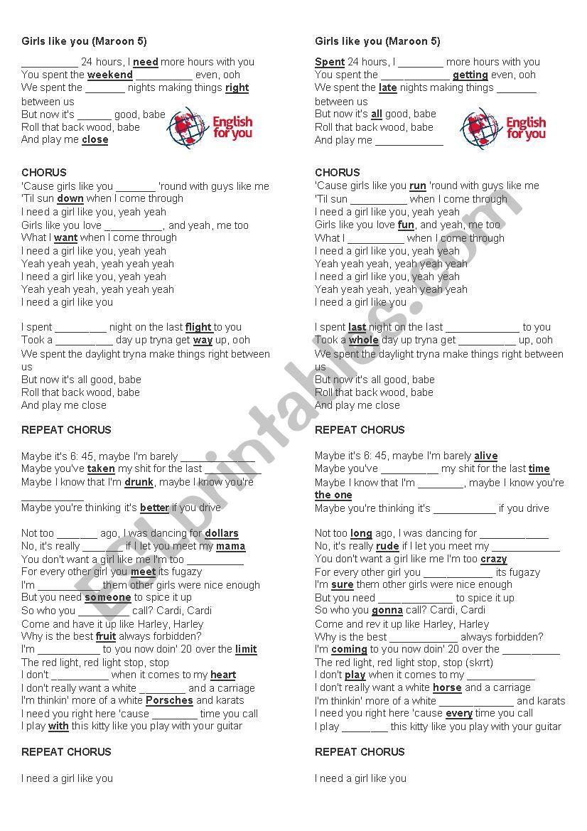 Girls like you (Maroon 5) worksheet