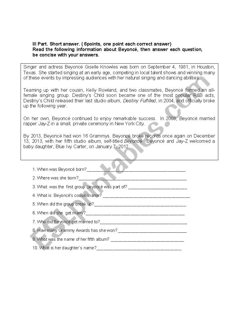 Beyonc worksheet