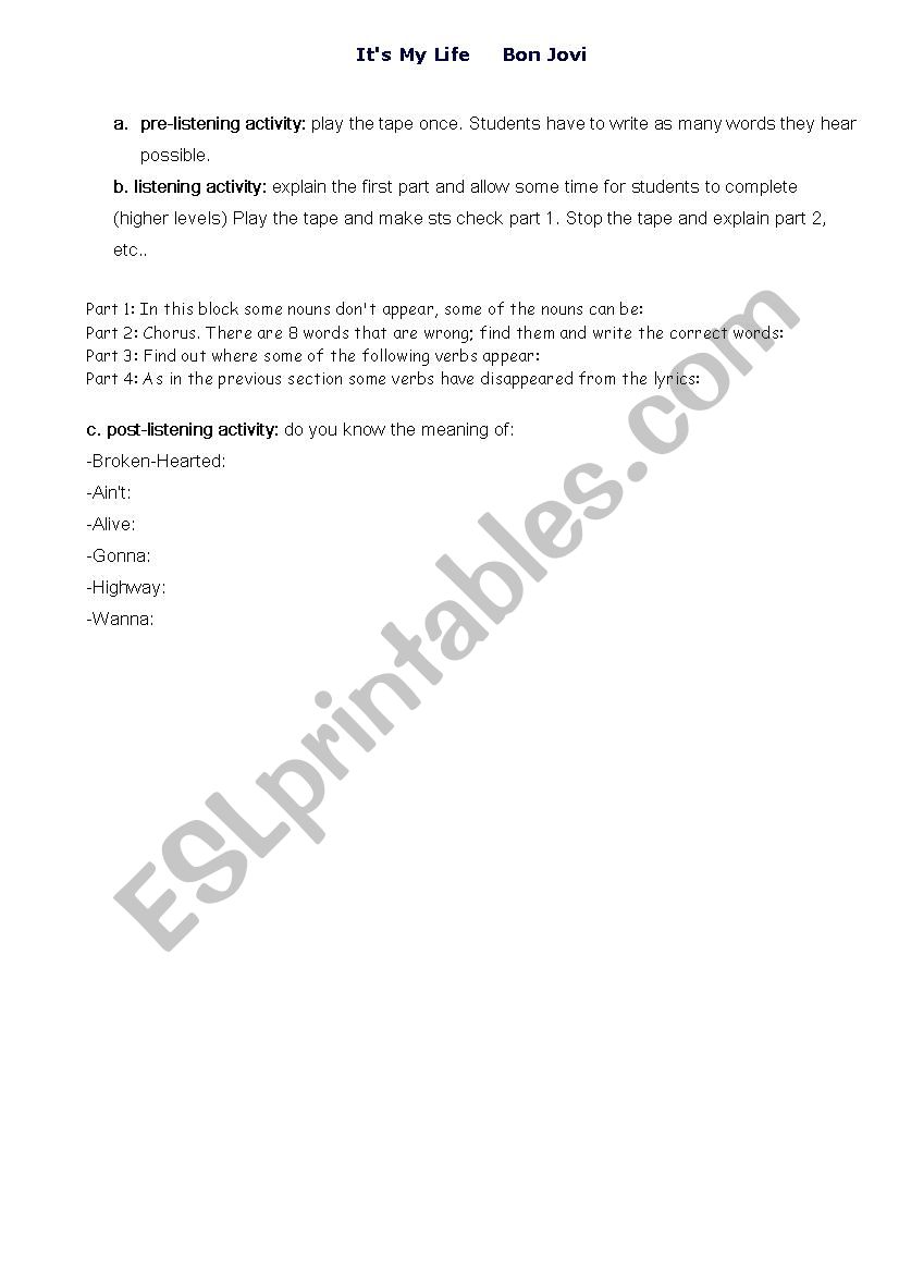 ItÂ´s my life - Jhon Bon Jovi worksheet