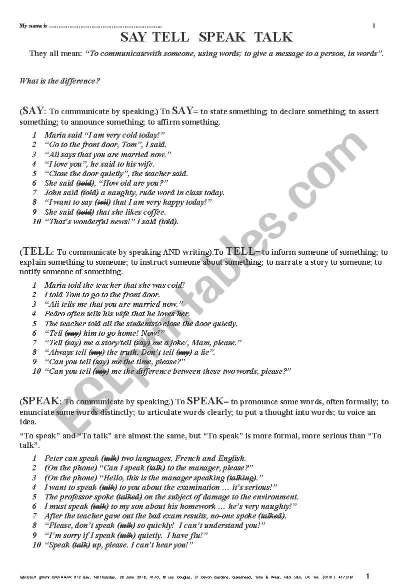 GRAMMAR 012 Say tell speak talk ... Four Verbs - similar meaning