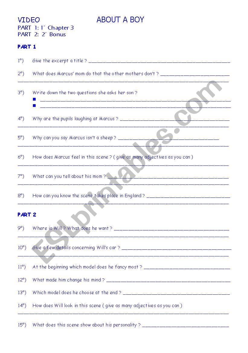 About a Boy ( Chapter 3 ) worksheet