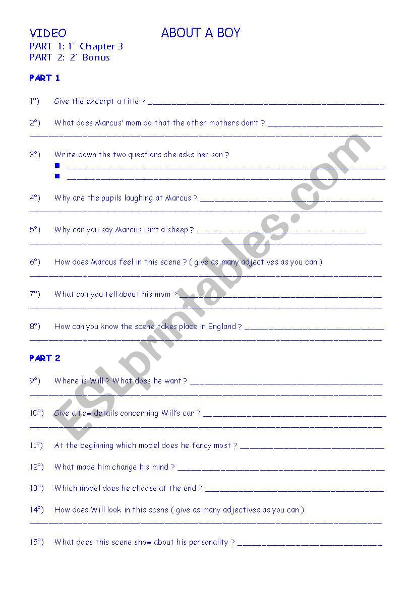 About a Boy ( Chapter 3 ) worksheet