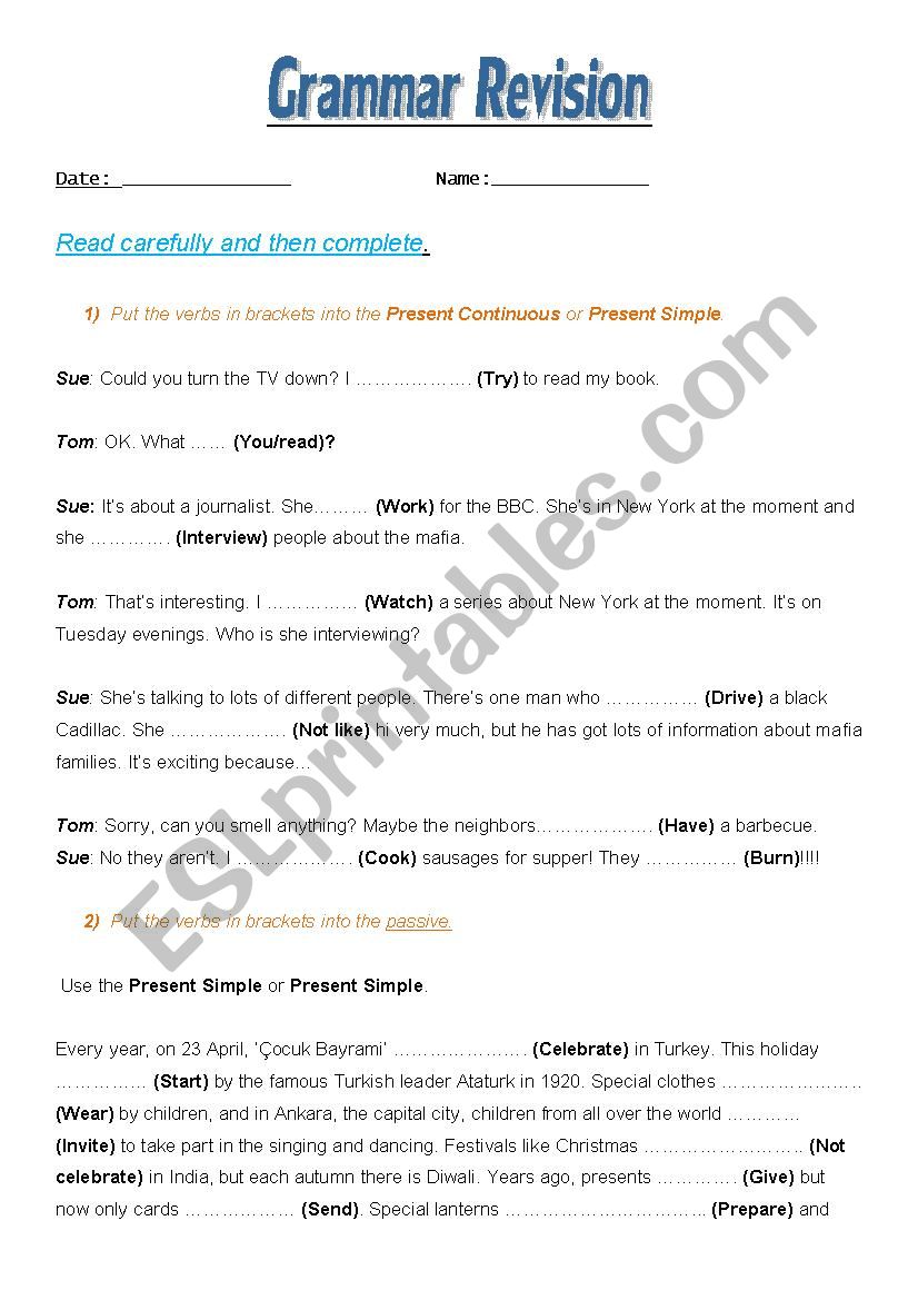 Revision of tenses worksheet