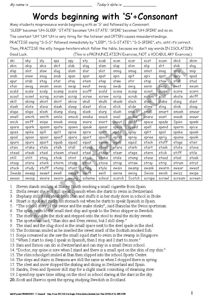 PRONUNCIATION 004 Words beginning S + Consonant
