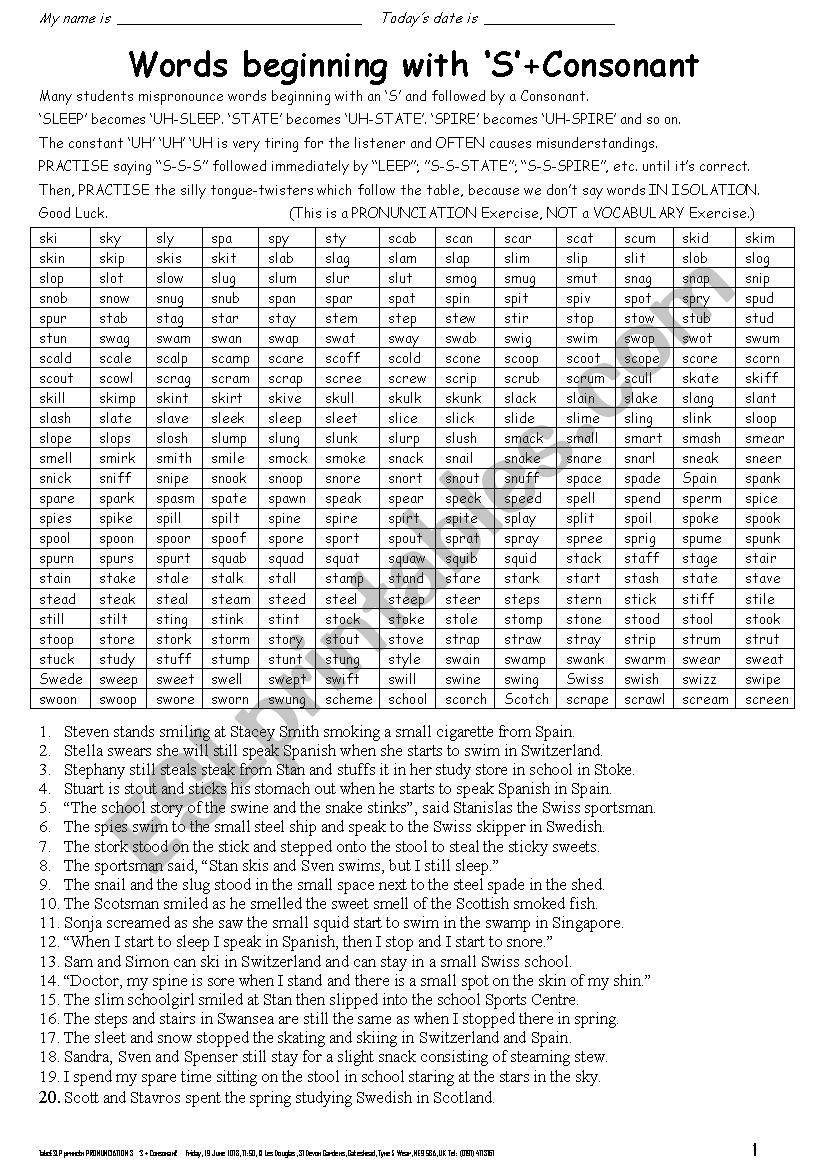 PRONUNCIATION 004 Words beginning Â´SÂ´ + Consonant