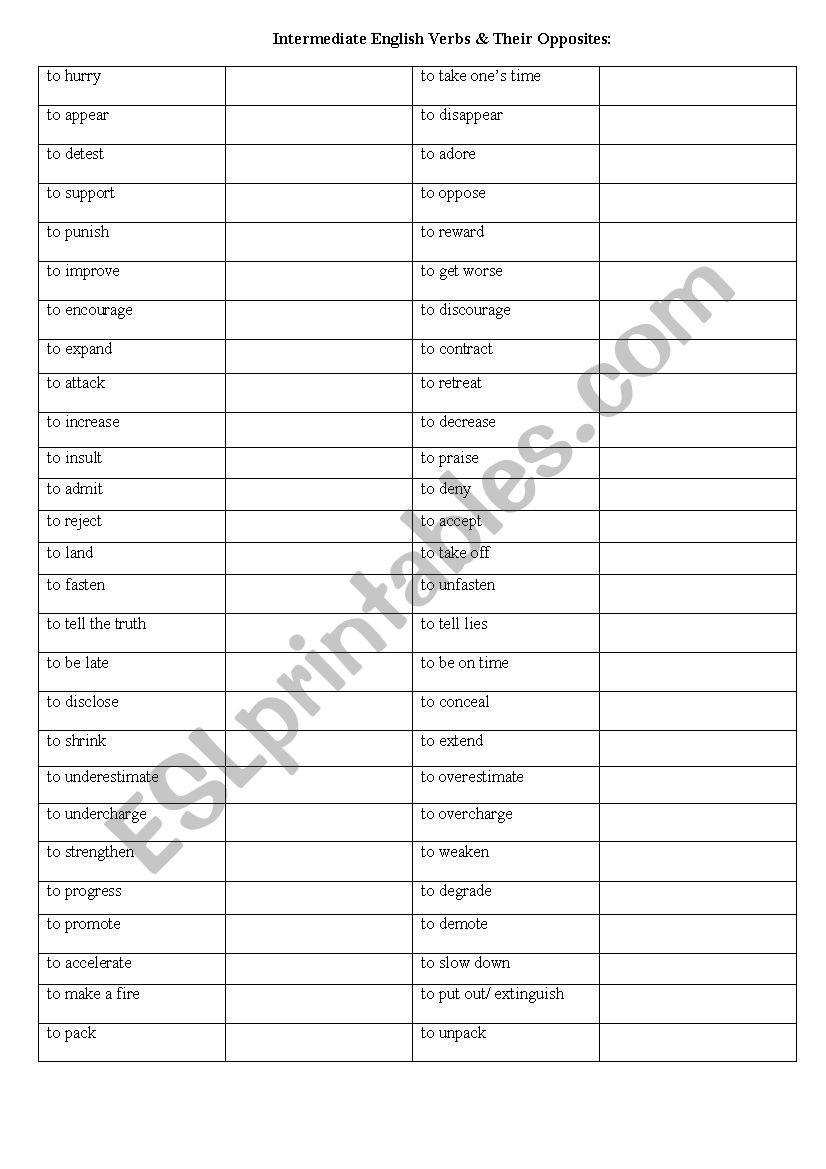 Intermediate English Verbs & Their Opposites