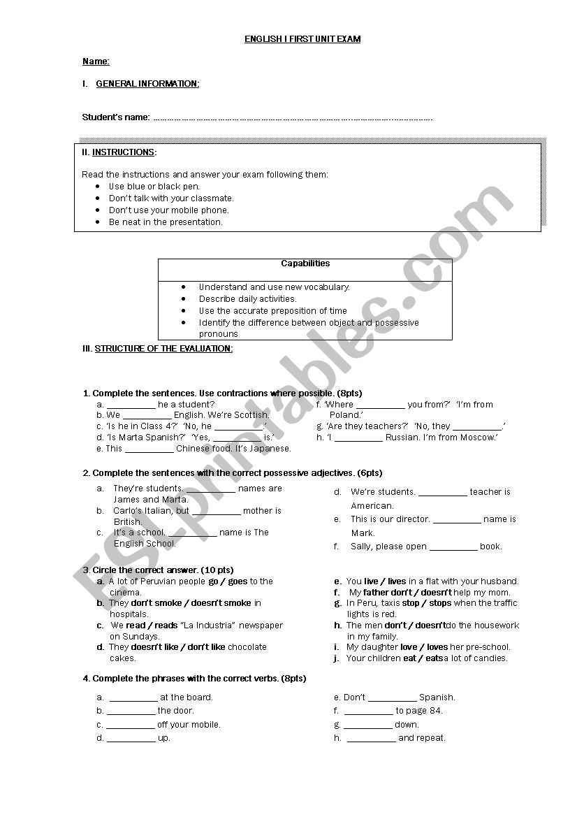 verb tenses exam worksheet