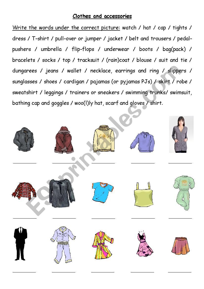 Clothes and accessories worksheet