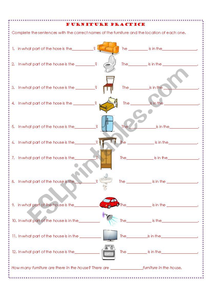 furniture location  worksheet