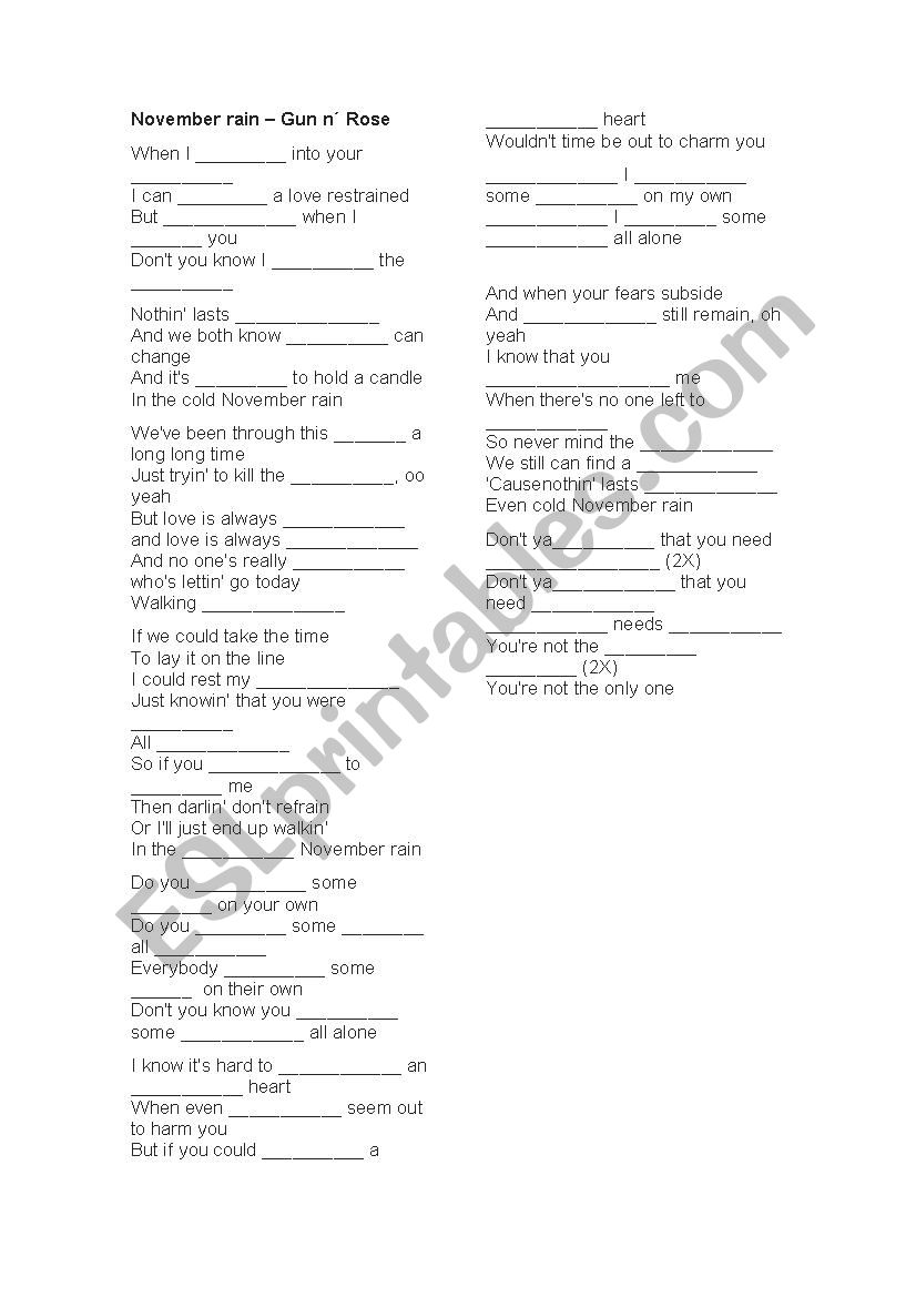 November rain worksheet