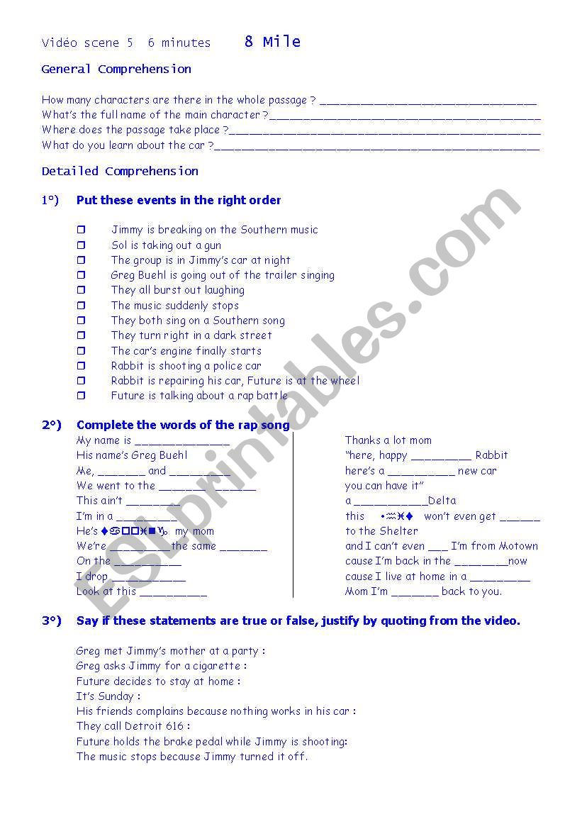 video 8 Mile worksheet