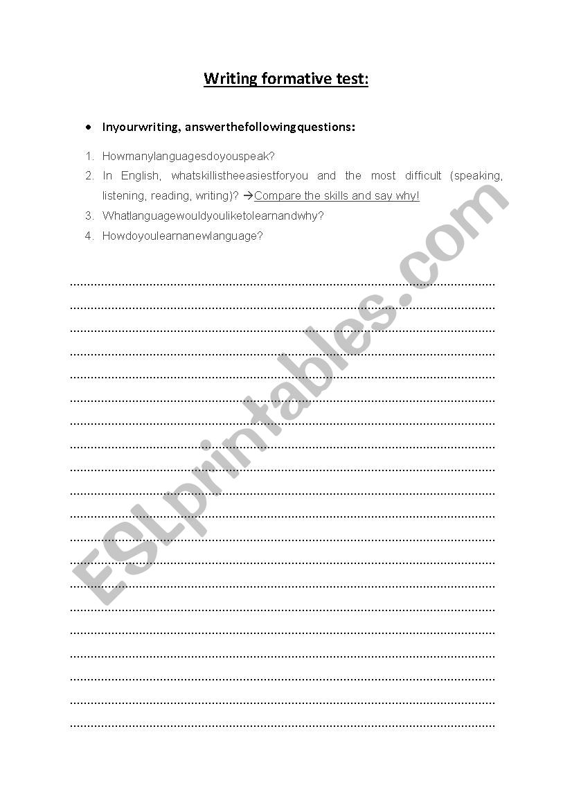 Writing formative test worksheet