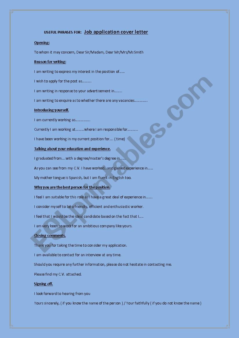 Useful phrases for job application letter ( cover letter)