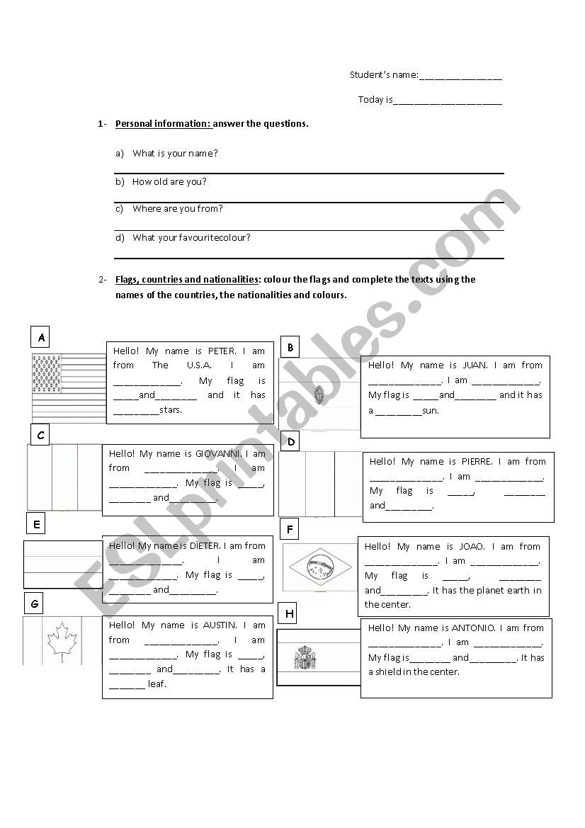 personal information, flags and colours, countries and nationalities