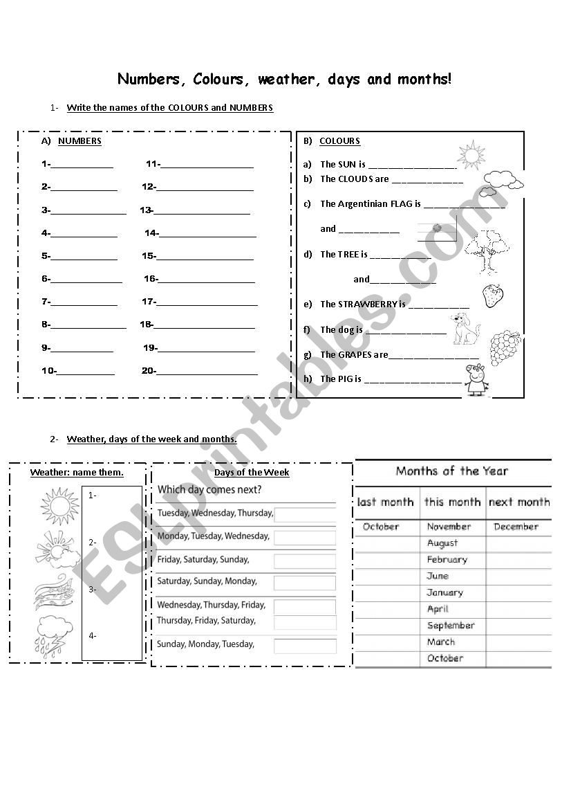 numbers, colours, weather, days and months