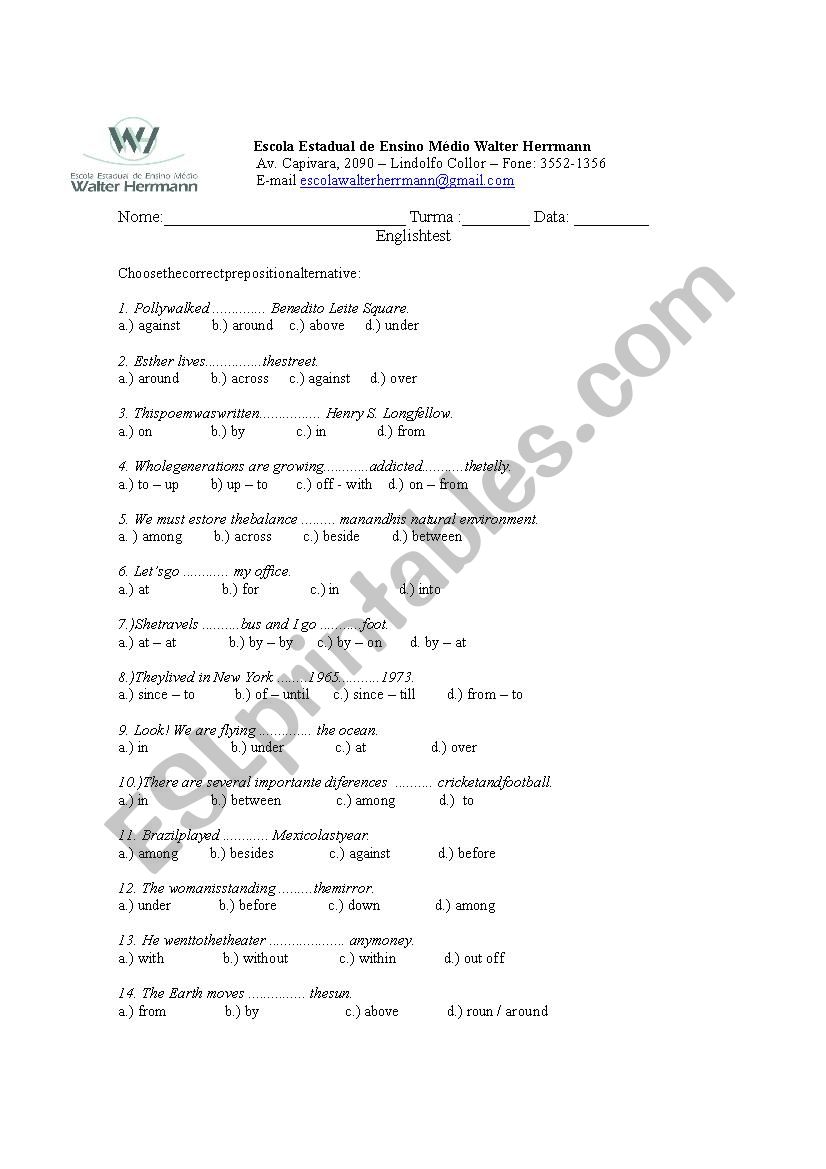 prepositions worksheet