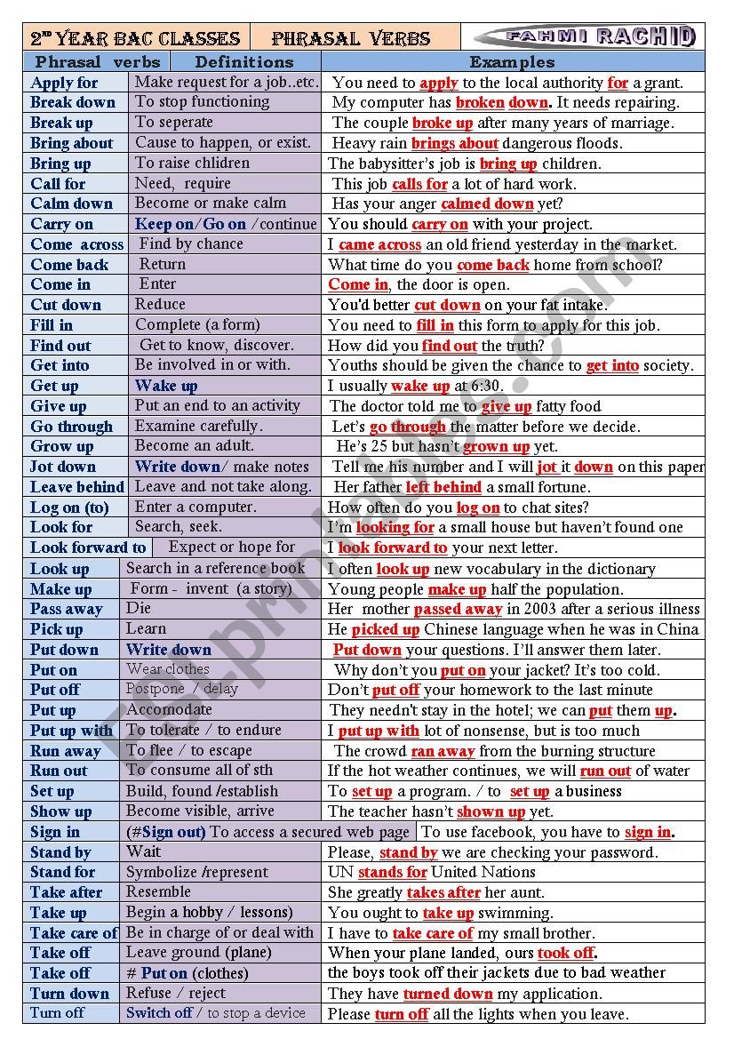 phrasal berbs worksheet