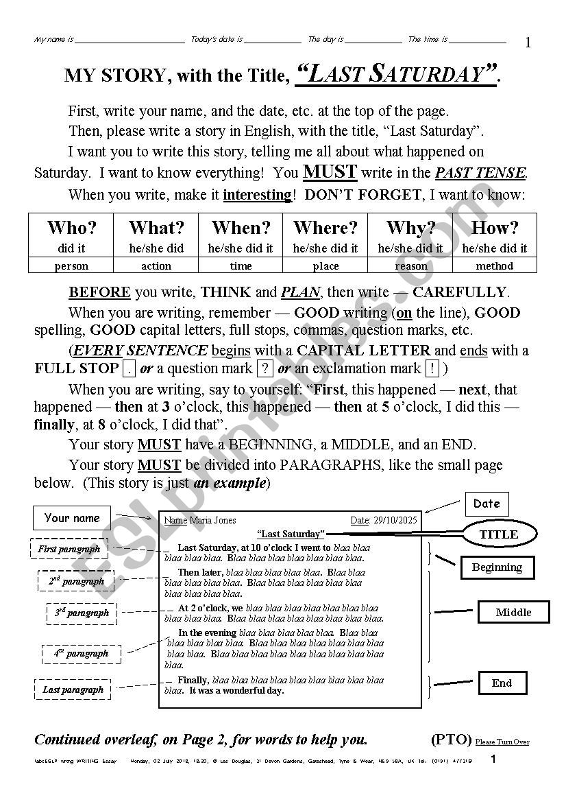 ESSAY 002 Last Saturday worksheet