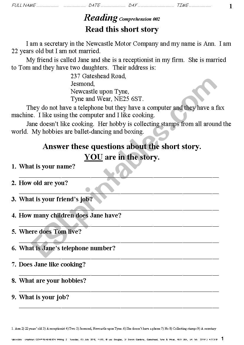 COMPREHENSION 002 Writing Ann worksheet