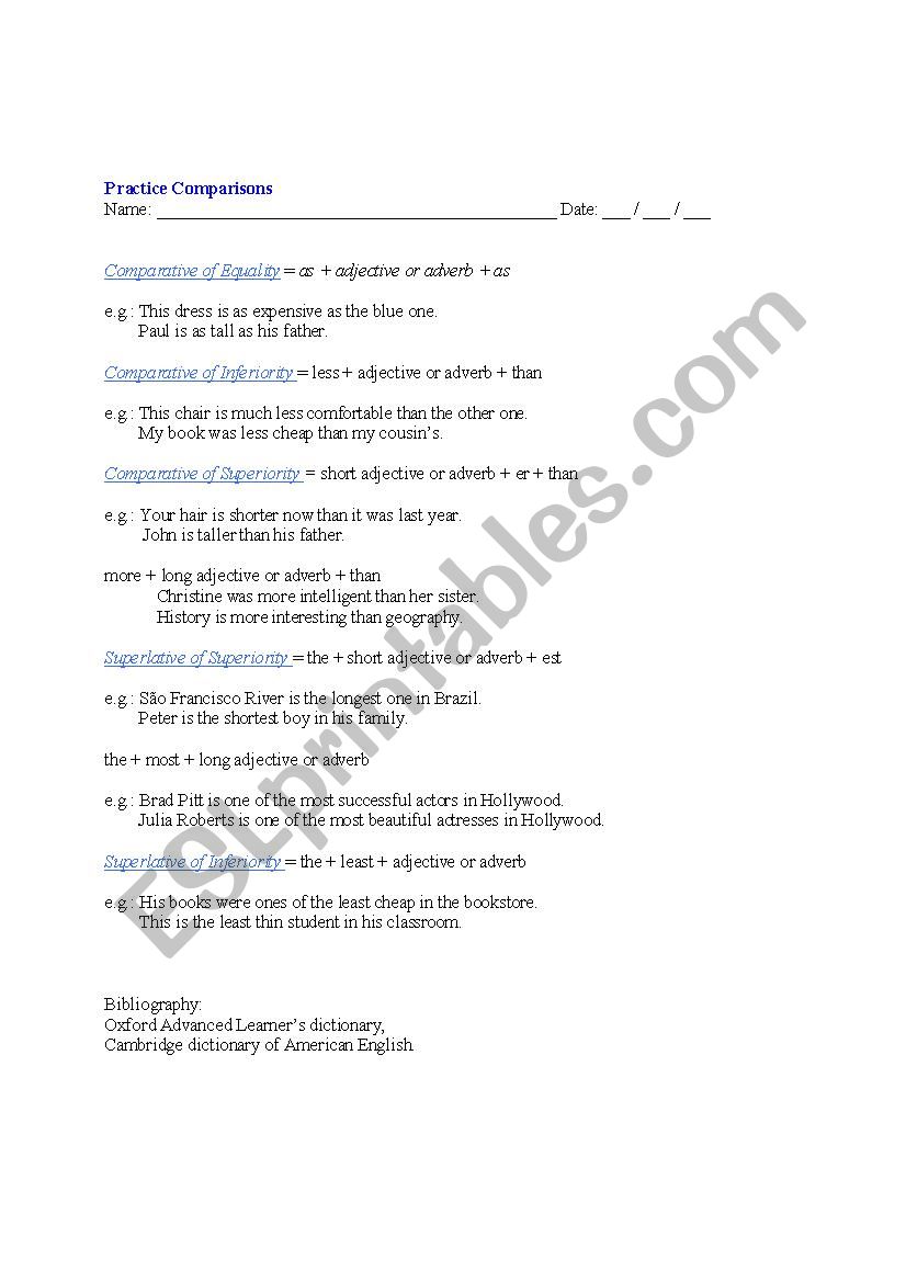 Practice Comparisons worksheet