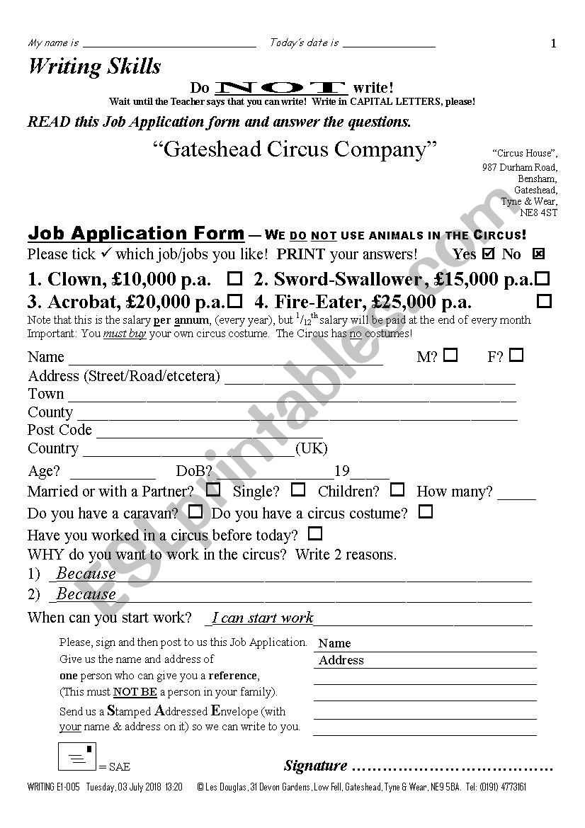 APPLICATION FORM 003 Circus Jobs