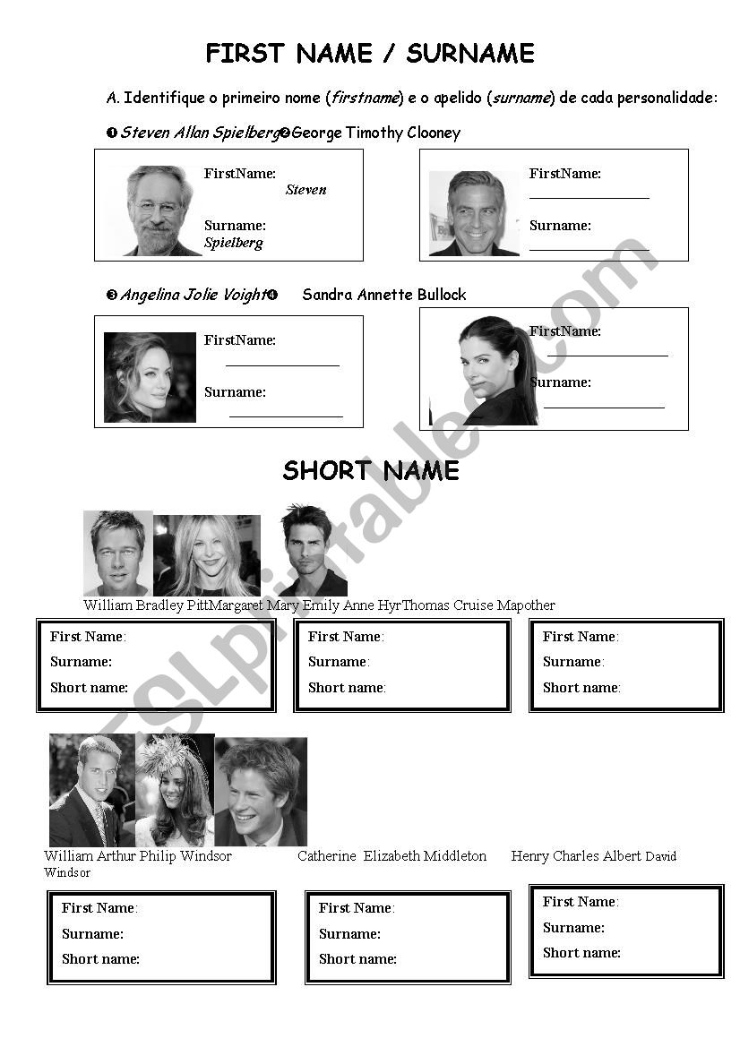 First name and surname worksheet