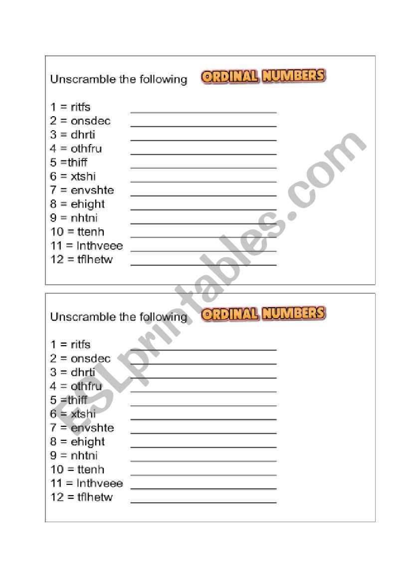 Ordinal numbers worksheet