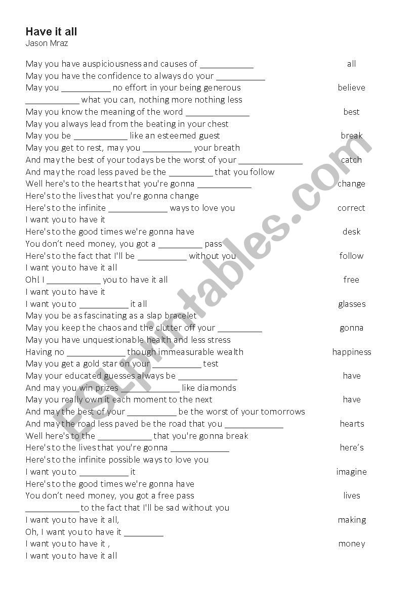 Have it all - Jason Mraz worksheet