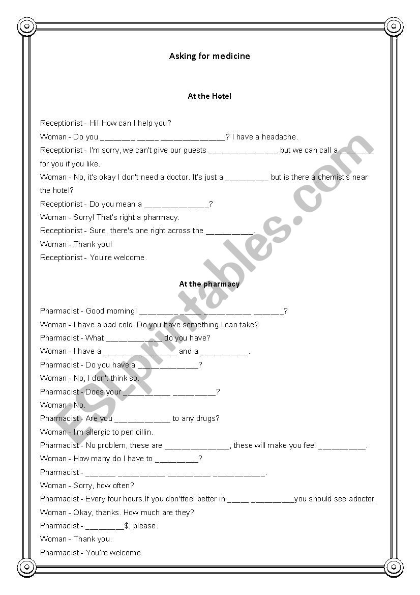 Asking for medicine worksheet