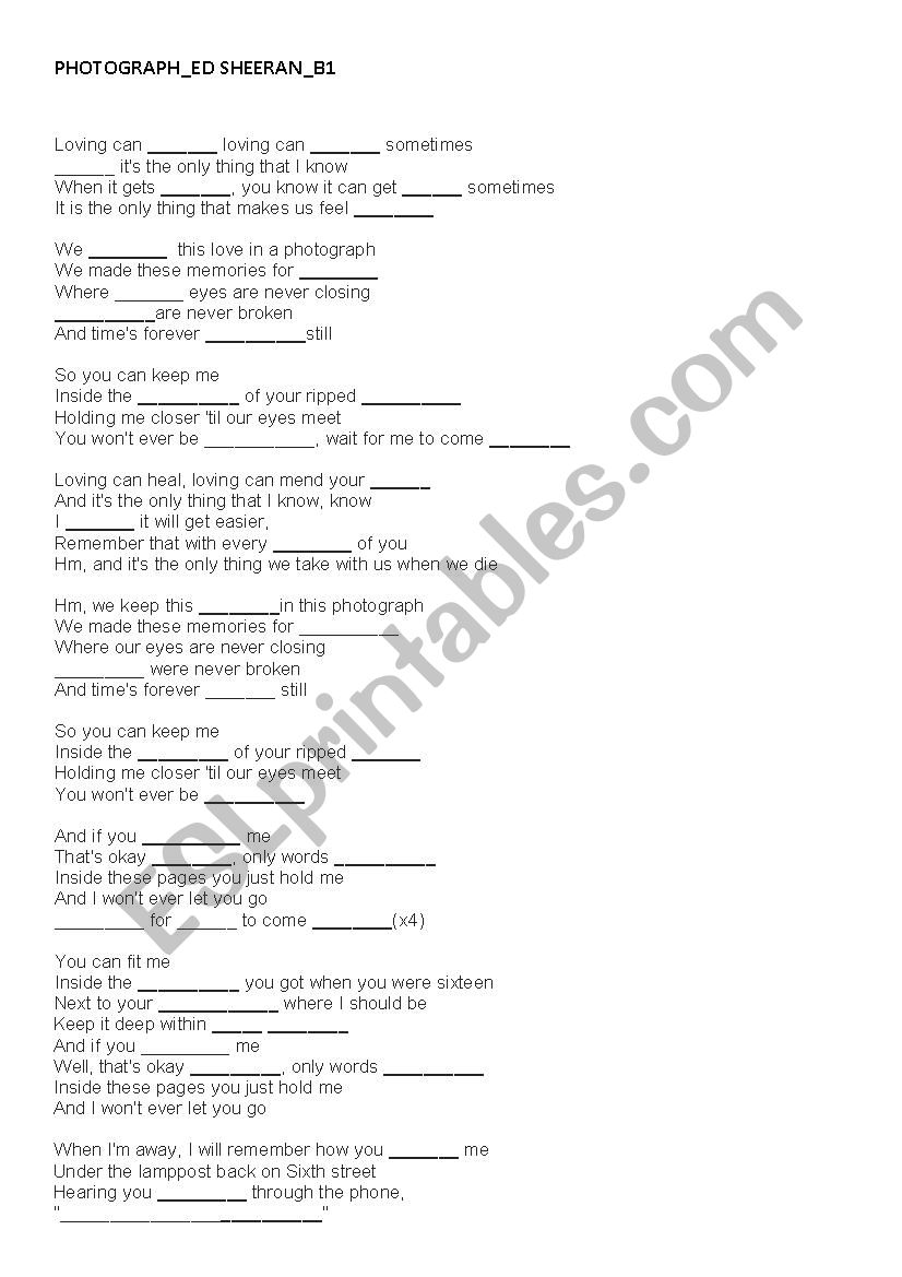 Ed Sheeran - Photograph worksheet