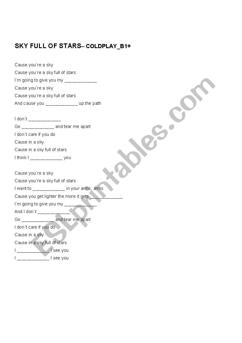 Coldplay - Sky full of stars worksheet