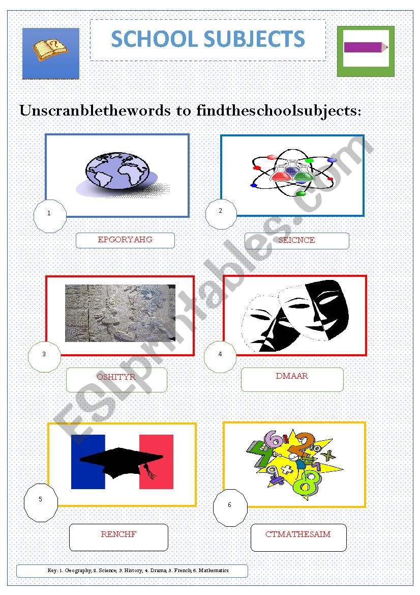 SCHOOL SUBJECTS - UNSCRAMBLE THE WORDS