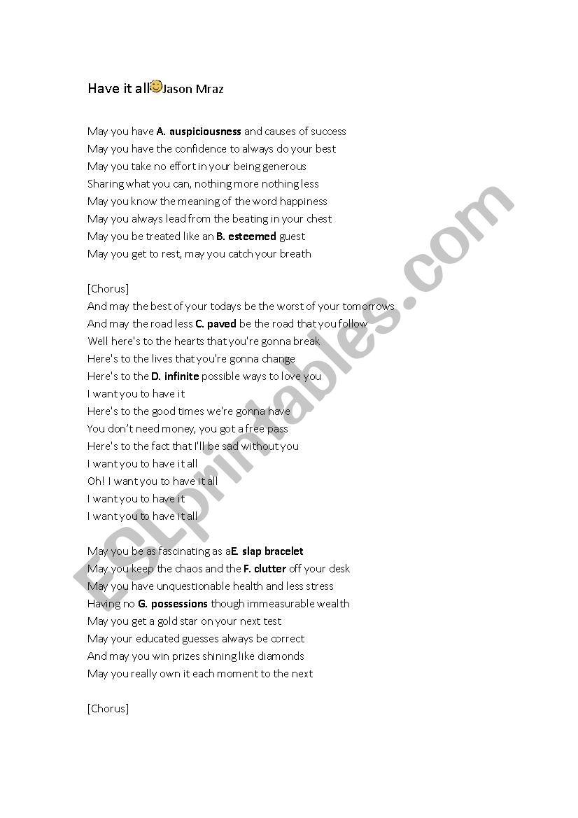 Have it all Lyrics Worksheet worksheet