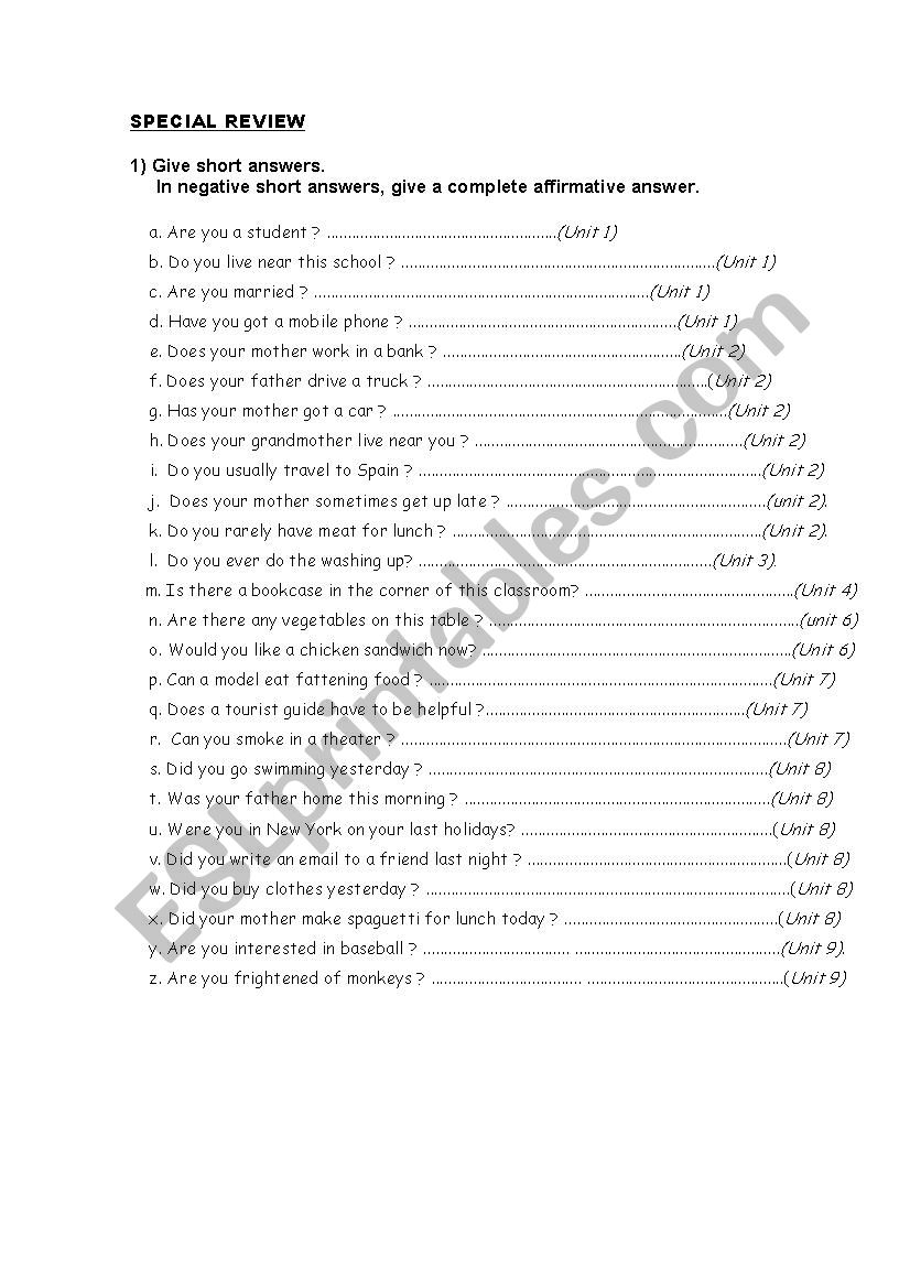 Conversation Special Review worksheet