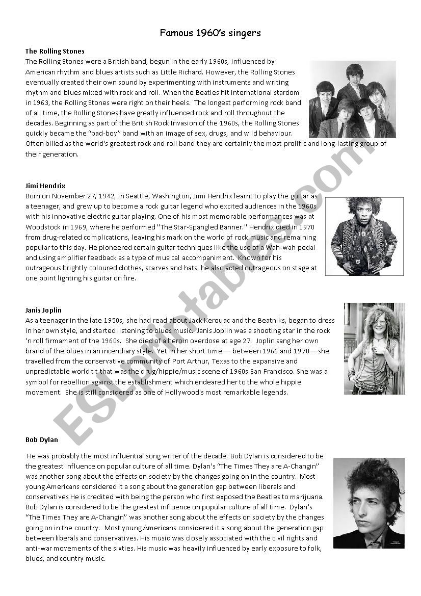 Famous singers 60s worksheet
