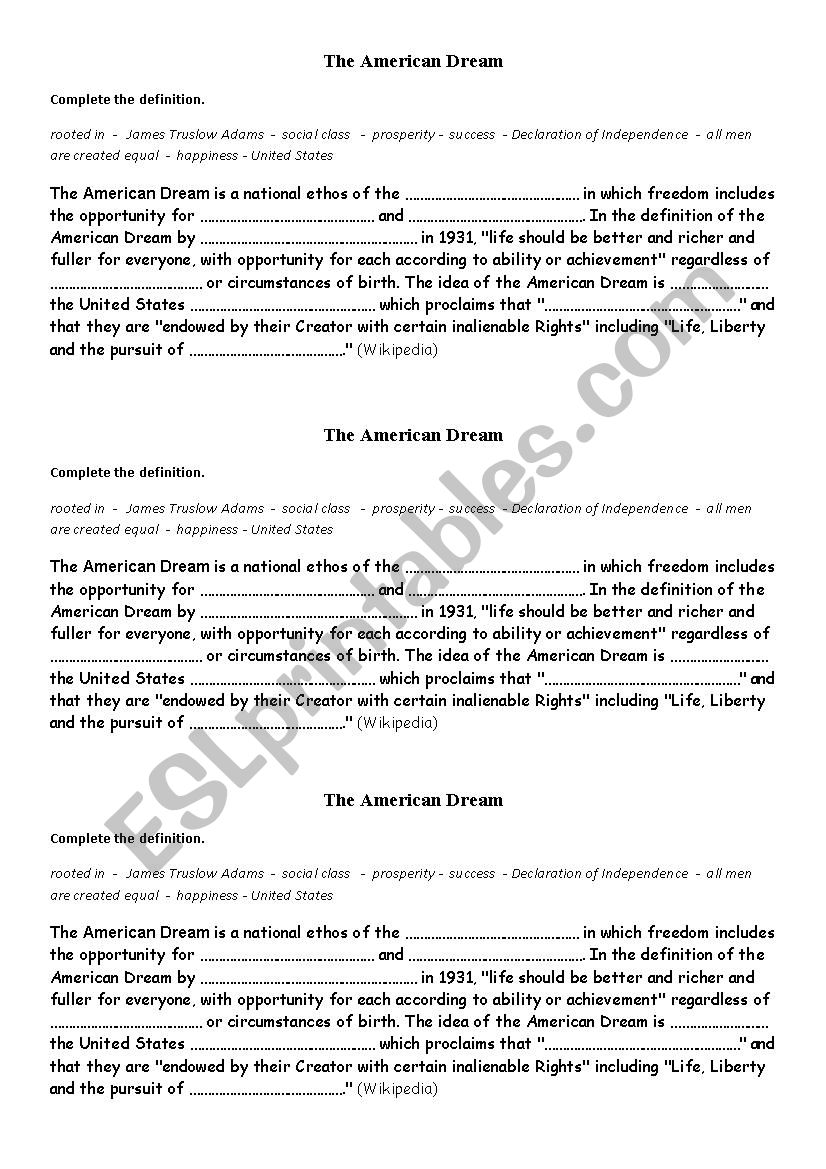 The American dream worksheet